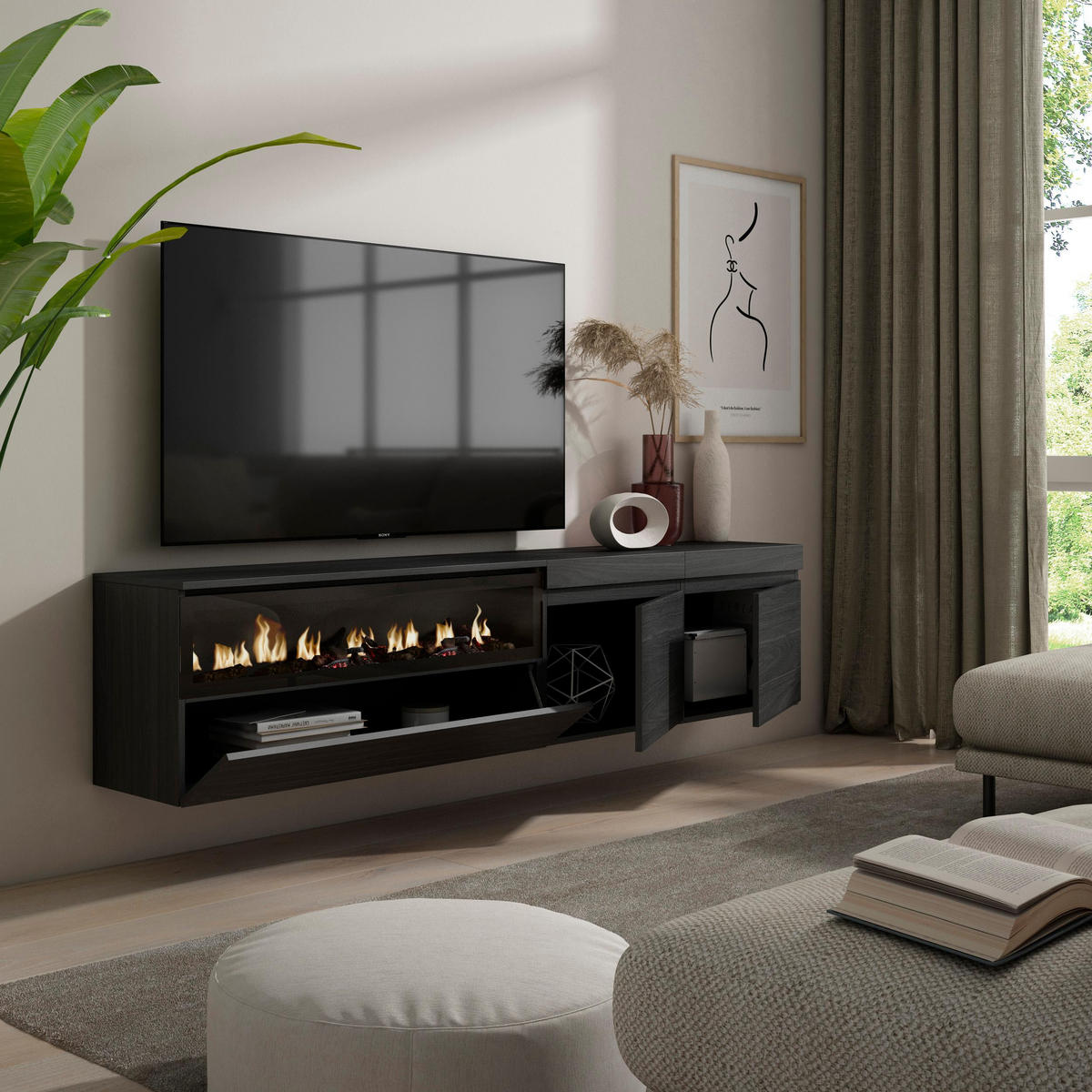 TV-SCHRANK schwarz, mit Elektrokamin, Hängend, 200/35/45cm - Schwarz, Holzwerkstoff (200/45/35cm) - Skraut Home