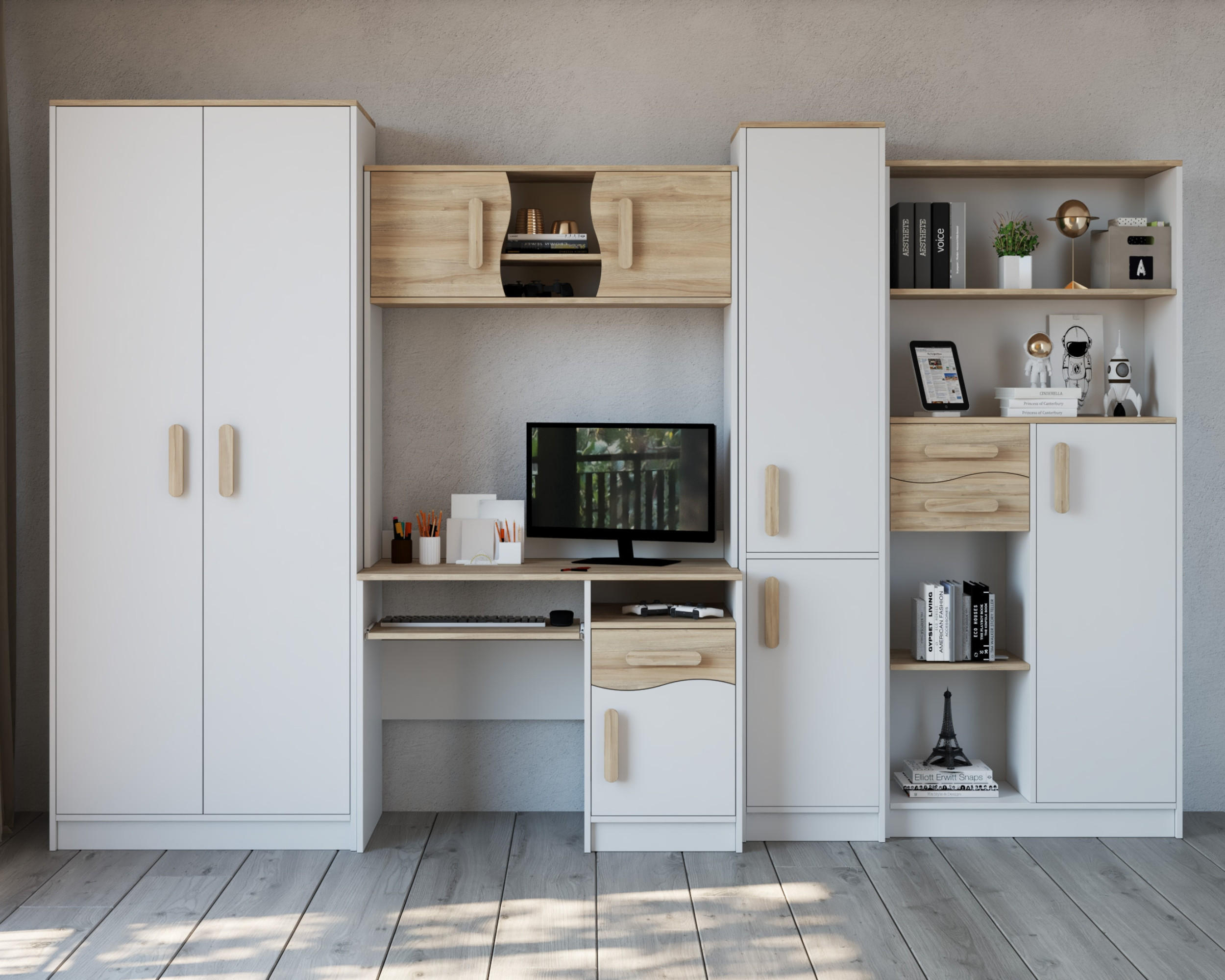 KINDERZIMMER MIKI Korpus Weiß | Griffe Sonoma - Weiß/Sonoma Eiche, Holz/Holzwerkstoff (300/197/52cm) - Deine Möbel 24