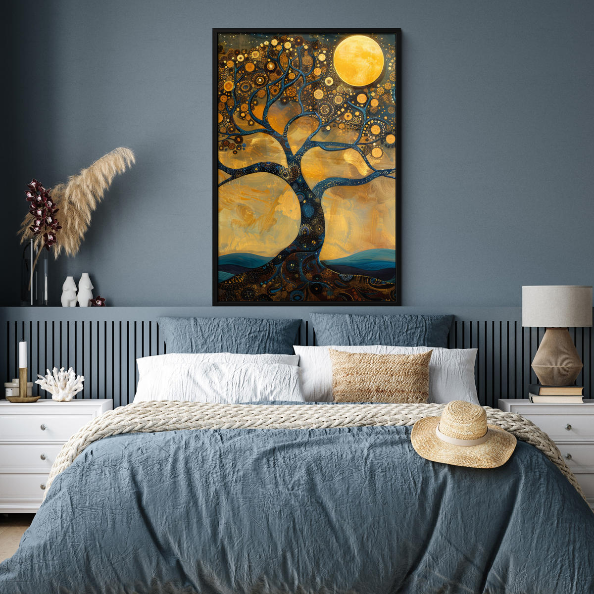 GERAHMTES BILD Baum - Mond - Blumen - Gold - Kunst 80x120 cm - Orange, Papier (80/120cm) - MuchoWow