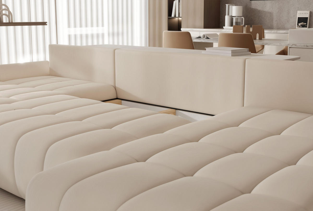 WOHNLANDSCHAFT DIEGO mit Schlaffunktion und Bettkasten Creme - Creme, Holzwerkstoff/Kunststoff (382/91/190cm) - Idohome