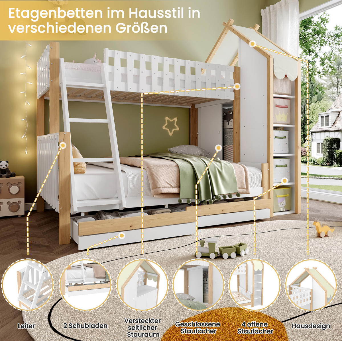 ETAGENBETT 90/200 + 140/200 cm aus Kiefernholz mit Hausdach, Bettgitter, Leiter und 2 Schubladen, Weiß/Natur - Weiß, Holz (90/200cm) - Redom