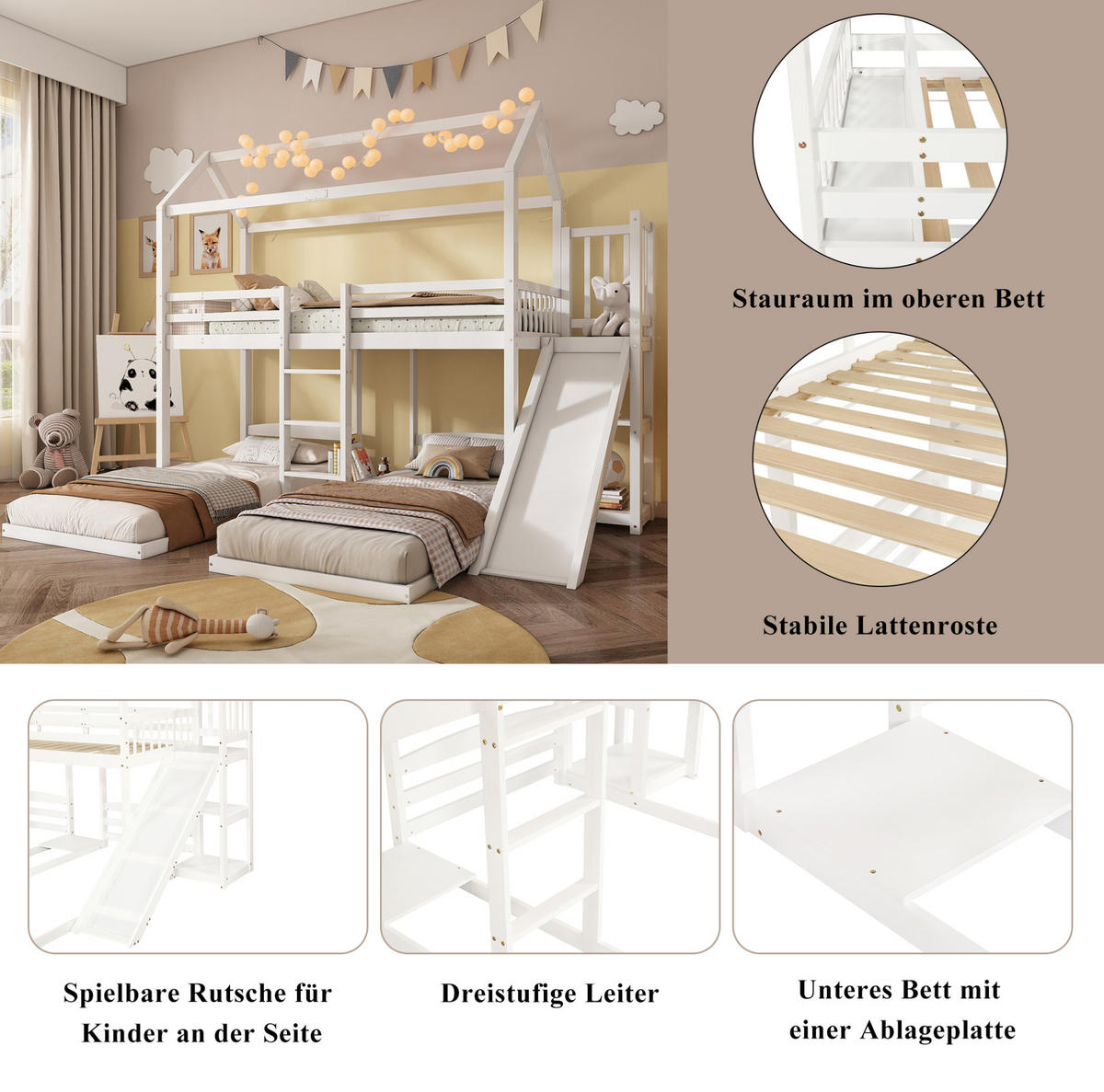 ETAGENBETT 90/200 cm in Weiß mit Rutsche und Dachdesign - Weiß, Holz (90/200cm) - OKMYHOME
