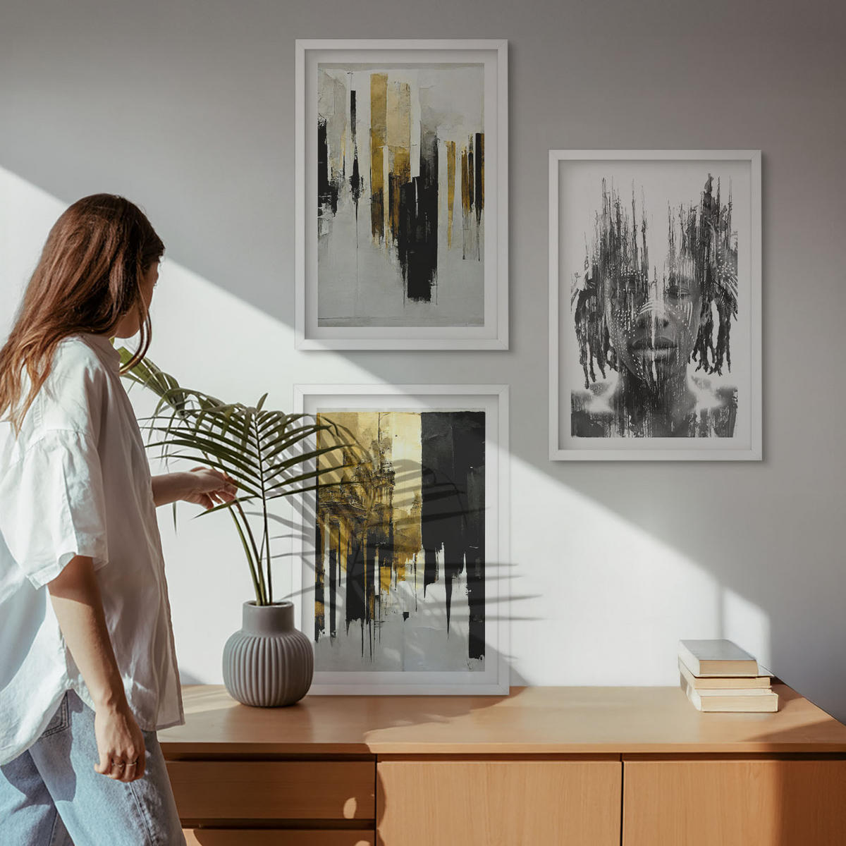 WANDBILDER 3er-Set - 40x60 cm Weißer Rahmen - Kontrastierende abstrakte Porträts - Weiß, Kunststoff (40/60cm) - ArtPrintCave