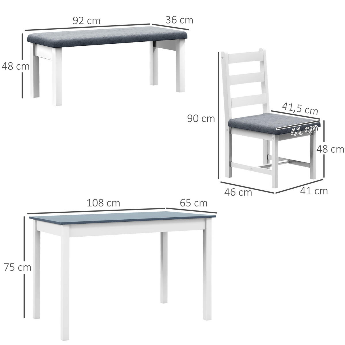 ESSGRUPPE, Esstisch mit 2 Gepolsterten Stühlen, Bank, 4-Teiliges Esstisch-Set - Grau, Holz (65/75/108cm) - HOMCOM