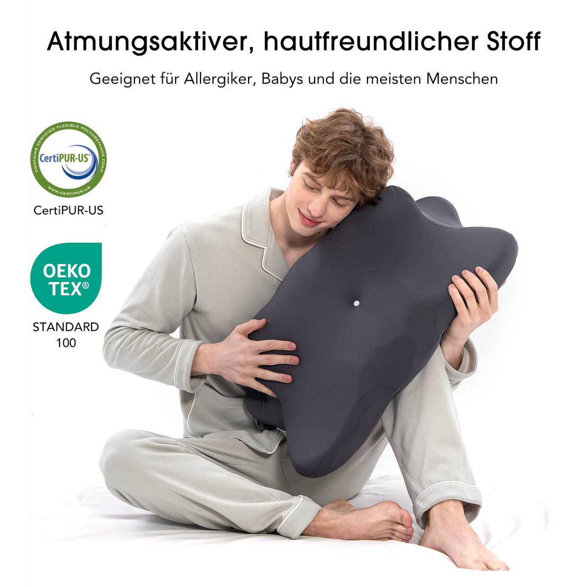 SCHMETTERLINGSKISSEN Memory-Schaum Modell (ergonomisch) Grau 65×41 cm OEKO-TEX® zertifiziert Vorderseite 8 cm / Rückseite 12 cm - Grau, Textil (41/65cm) - CHICASA
