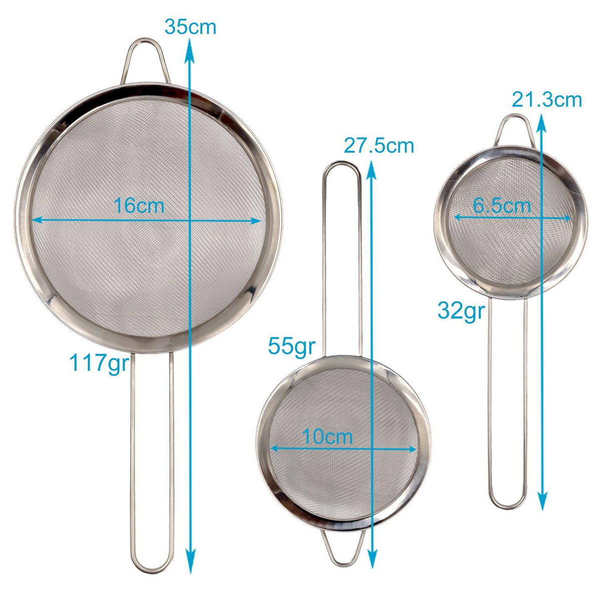 KÜCHENSIEB 8 / 12 / 18 cm - Silberfarben, Metall (18/8/35cm) - Intirilife