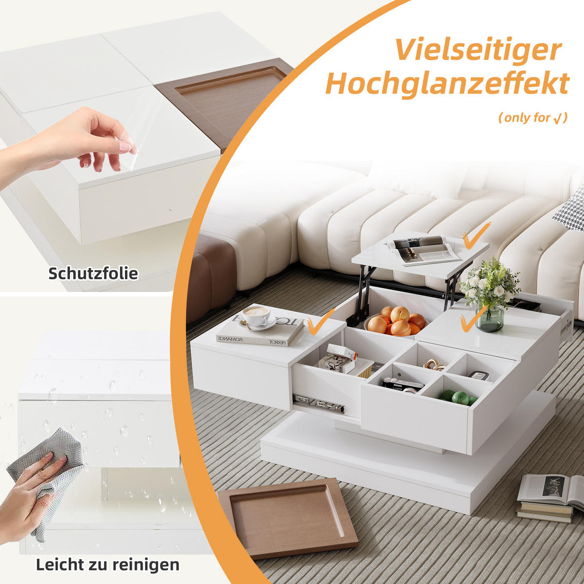 COUCHTISCH mit Hebefunktion und 2 Schubladen Hochglanz-Effekt - Weiß, Holzwerkstoff/Metall (75.5/75.5/38cm) - Urban Meuble