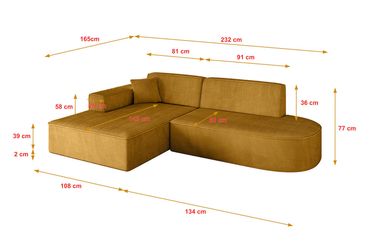 ECKSOFA Ottomane Links IREA-L1-v4 - 232x165x77 cm Senfgelb - Grün, Holzwerkstoff/Textil (232/165cm) - ALTDECOR
