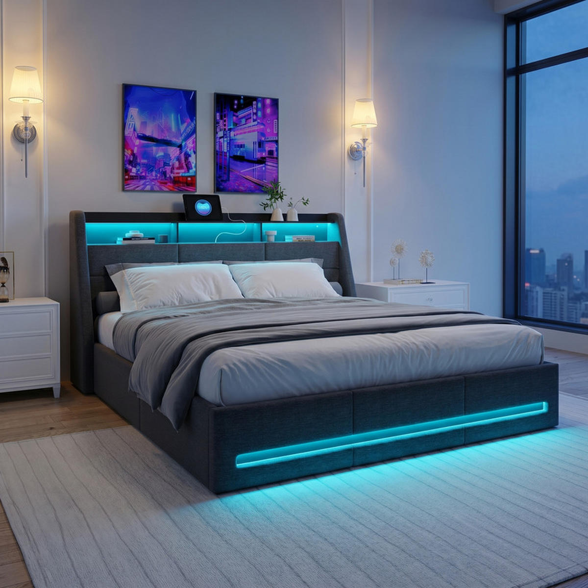 POLSTERBETT 140/200 cm grau mit Stauraum, LED und USB - Grau, Holz