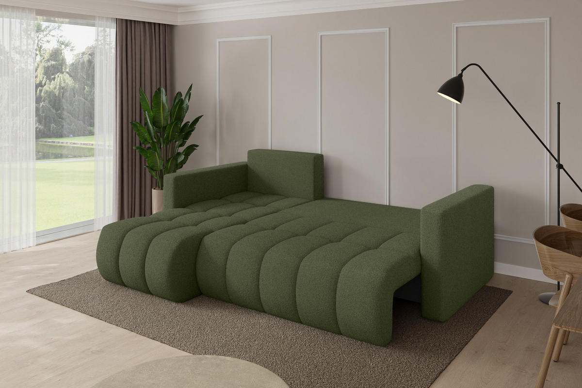 ROHOVÁ SEDAČKA s funkcí spaní, otoman vlevo GARD-L 226x146x85 zelená bouclé - černá/zelená barva, kompozitní dřevo/textil (226/146cm) - ALTDECOR