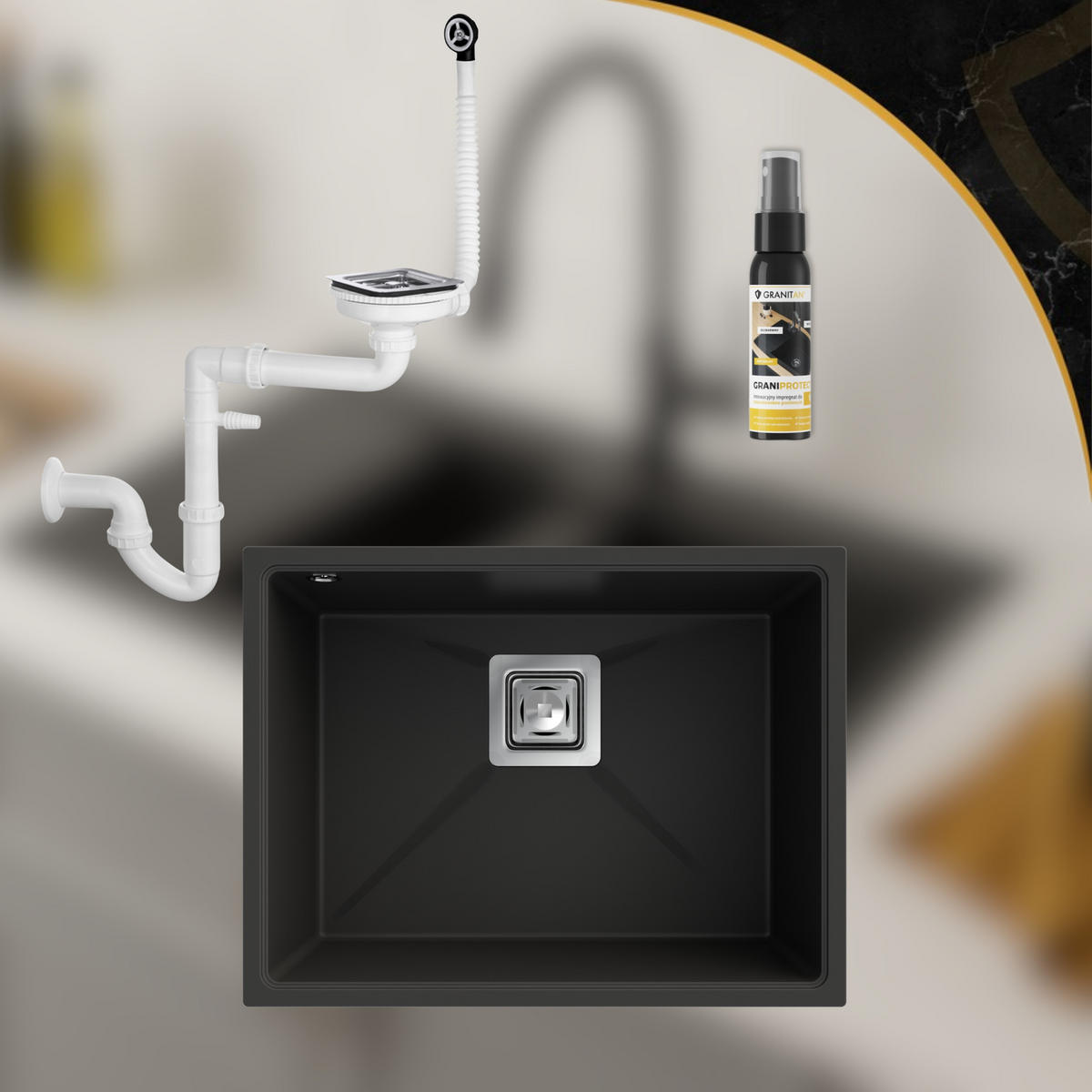 SPÜLBECKEN Napo 55 Schwarz 3-tlg. 55/42 cm Unterbau Granitkomposit mit Siphon - Schwarz, Stein (55/42/20cm) - Granitan