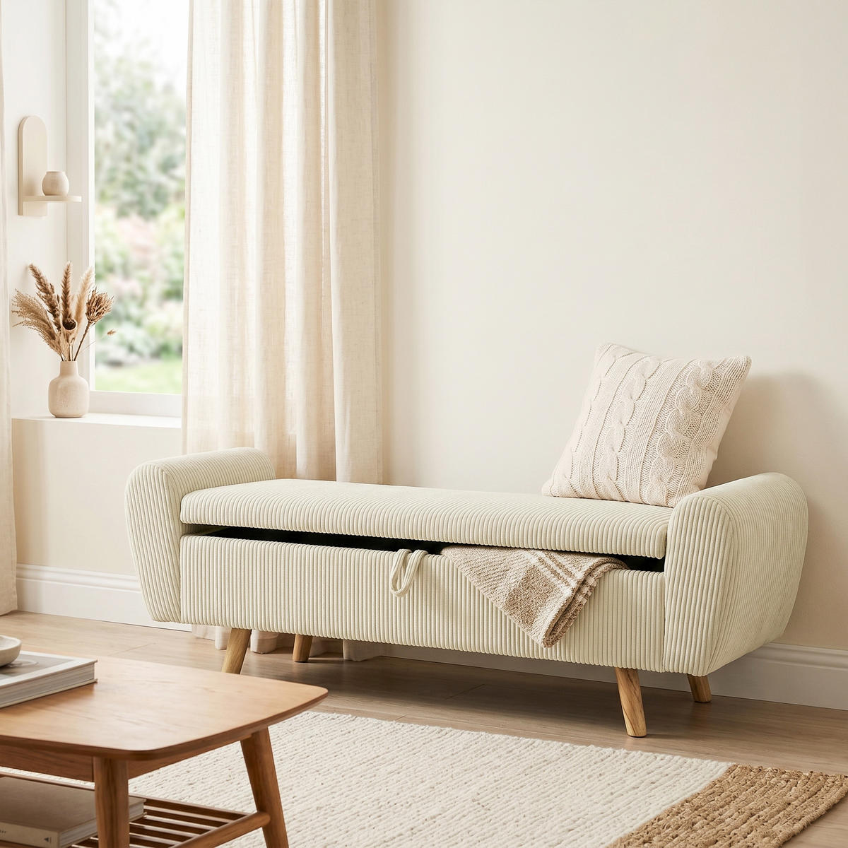SITZBANK Polyester Gummibaumholz Beige - Beige, Holz/Textil (45/51/150cm) - HOMCOM