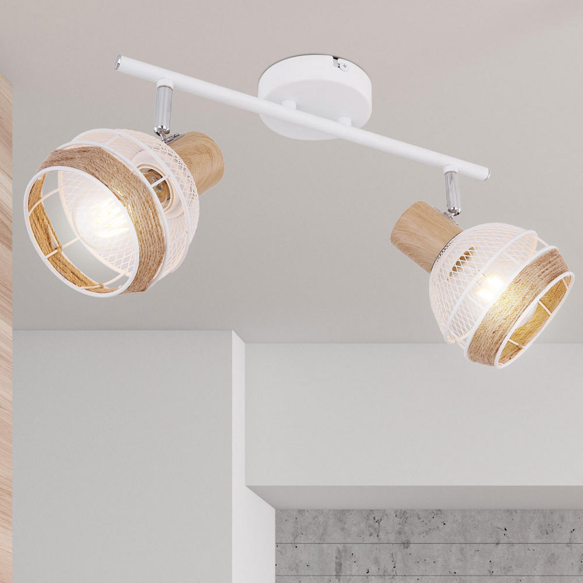 DECKENLEUCHTE Hanfseil Weiß Holzoptik - Weiß, Metall (36/17.5/18.2cm) - Globo Lighting