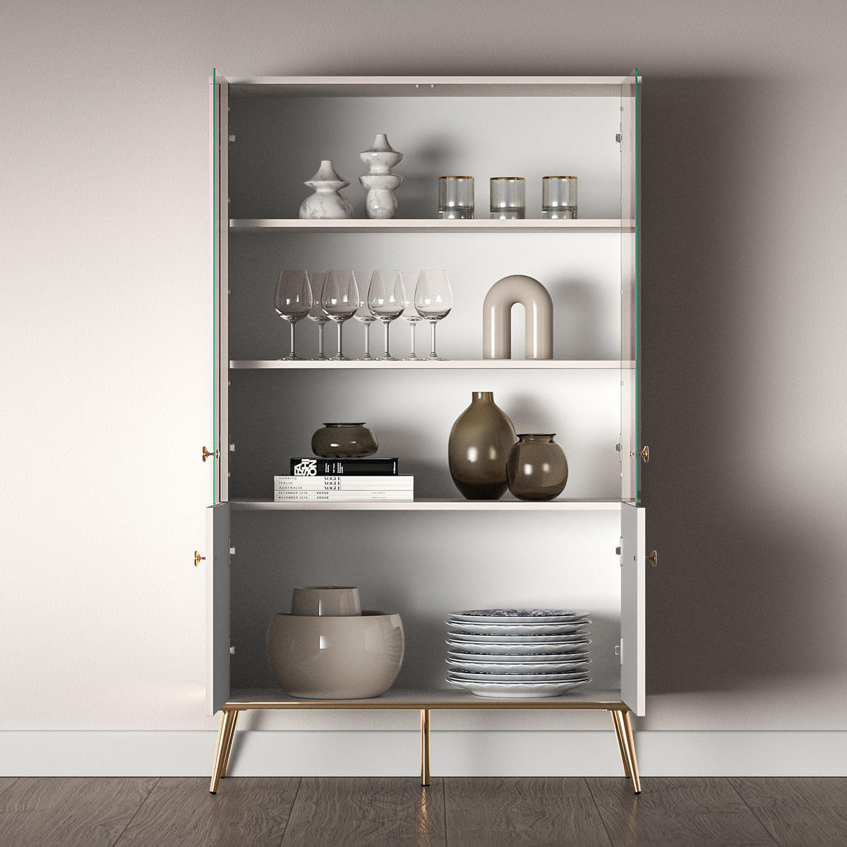 GLASVITRINE FRALIA,Creme - Creme, Glas/Holzwerkstoff (92/152/40cm) - KONSIMO®