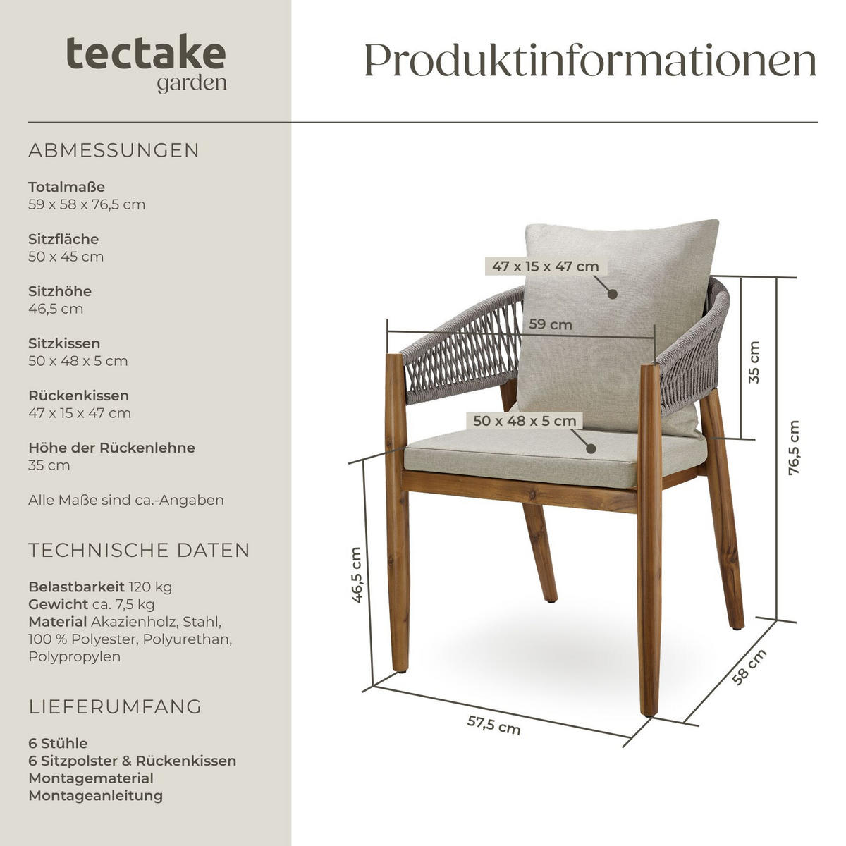 GARTENSTUHL Manacor, höhenverstellbare Kunststofffüße, greige - Greige/Braun, Holz (59/76.5/58cm) - tectake