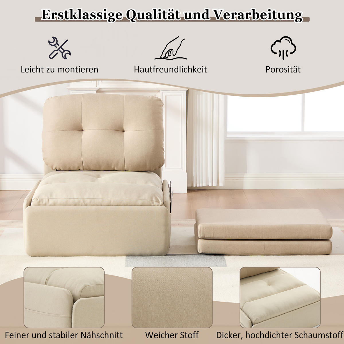 SCHLAFSOFA 92/81.5/90 cm Beige mit Aufbewahrungstasche - Beige, Textil (81.5/90/195cm) - Oxeza