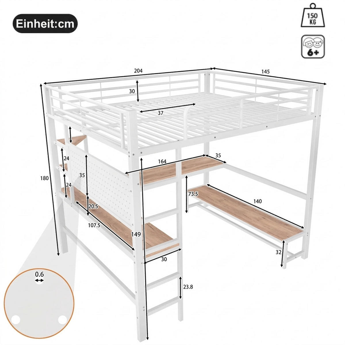 HOCHBETT 140/200 cm Weiß mit Schreibtisch, mehrstöckiges Regal und LED-Lichtleiste - Weiß, Metall (140/200cm) - Oxeza