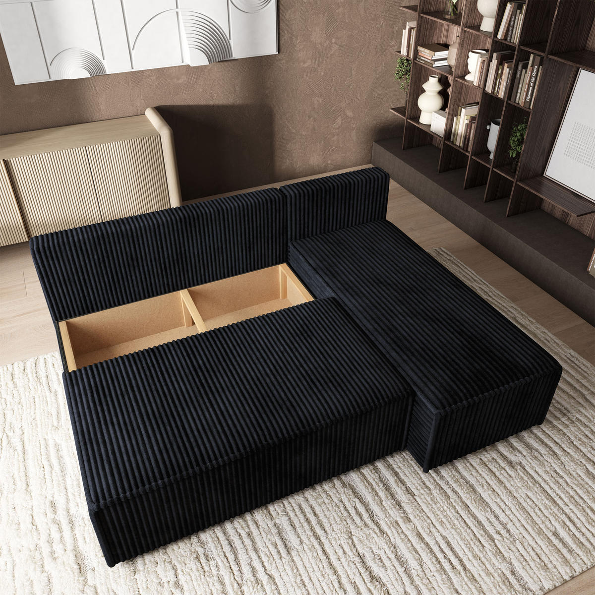 ROHOVÁ SEDAČKA BRISO černá - šedá/černá, dřevo/textil (200/140cm) - MASSENO