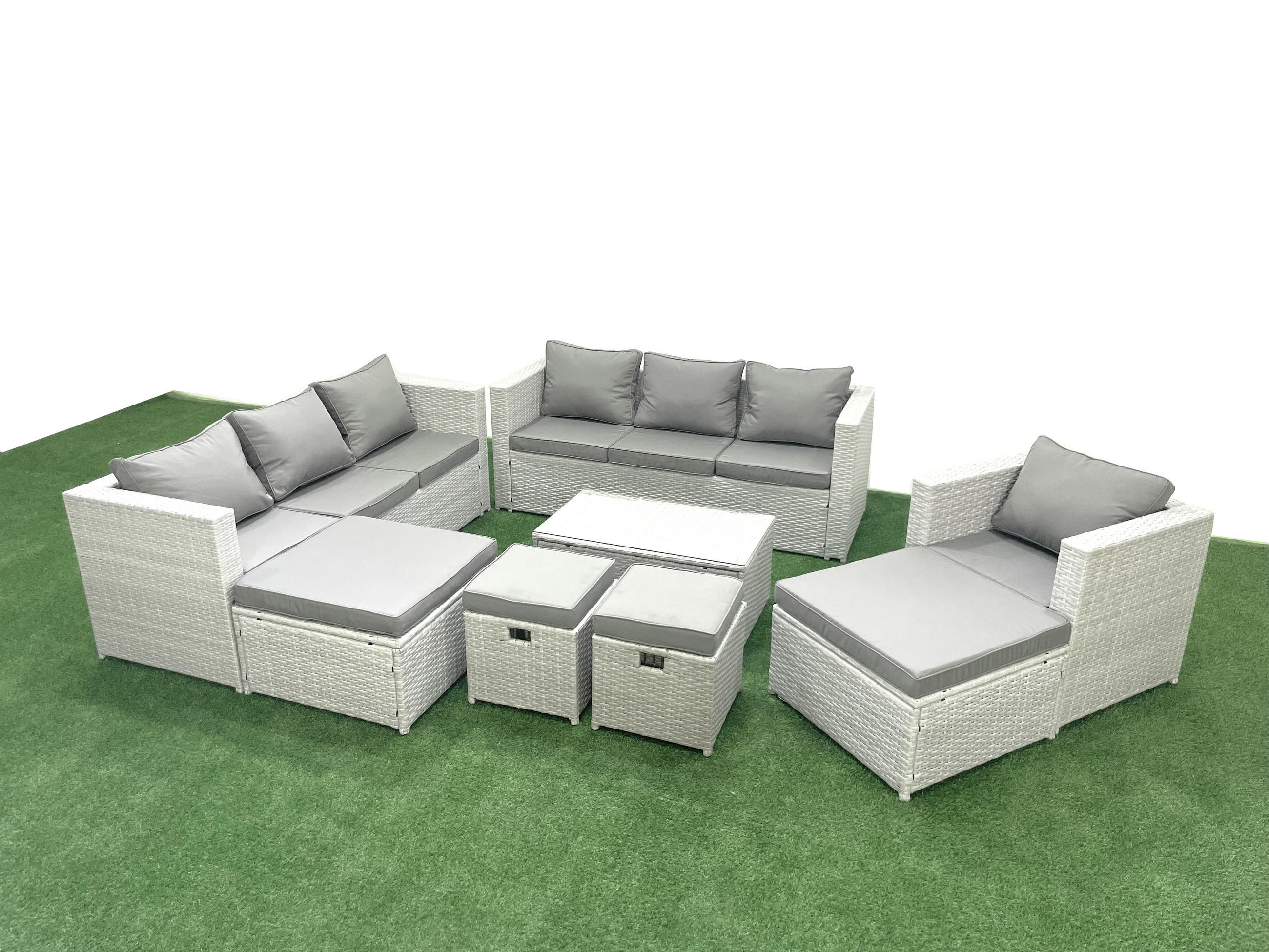 GARTENSET mit 3-SITZER SOFA,COUCHTISCH Polyrattan Hellgrau-Mix 11-Sitzer - Hellgrau/Grau, Glas/Kunststoff - Fimous