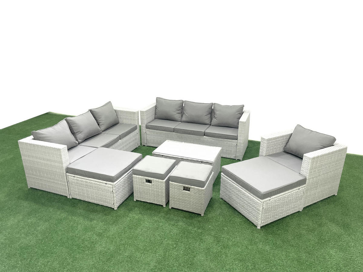 GARTENSET mit 3-SITZER SOFA,COUCHTISCH Polyrattan Hellgrau-Mix 11-Sitzer - Hellgrau/Grau, Glas/Kunststoff - Fimous