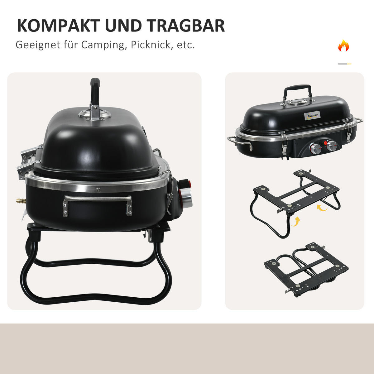 GASGRILL inkl 2 Edelstahl-Brenner - Schwarz, Metall (34.5/37/66cm) - Outsunny