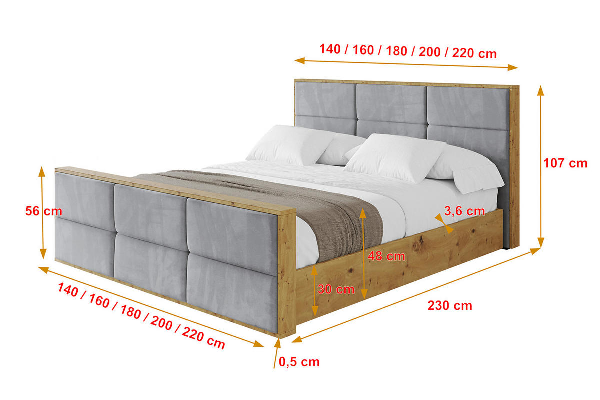 POLSTERBETT mit Bettkasten, Fußteil und Lattenrost, Boxbett mit Matratze H3/H4 - ENZO1-Z 120x200 Grau - Grau, Holzwerkstoff/Textil (120/200cm) - ALTDECOR
