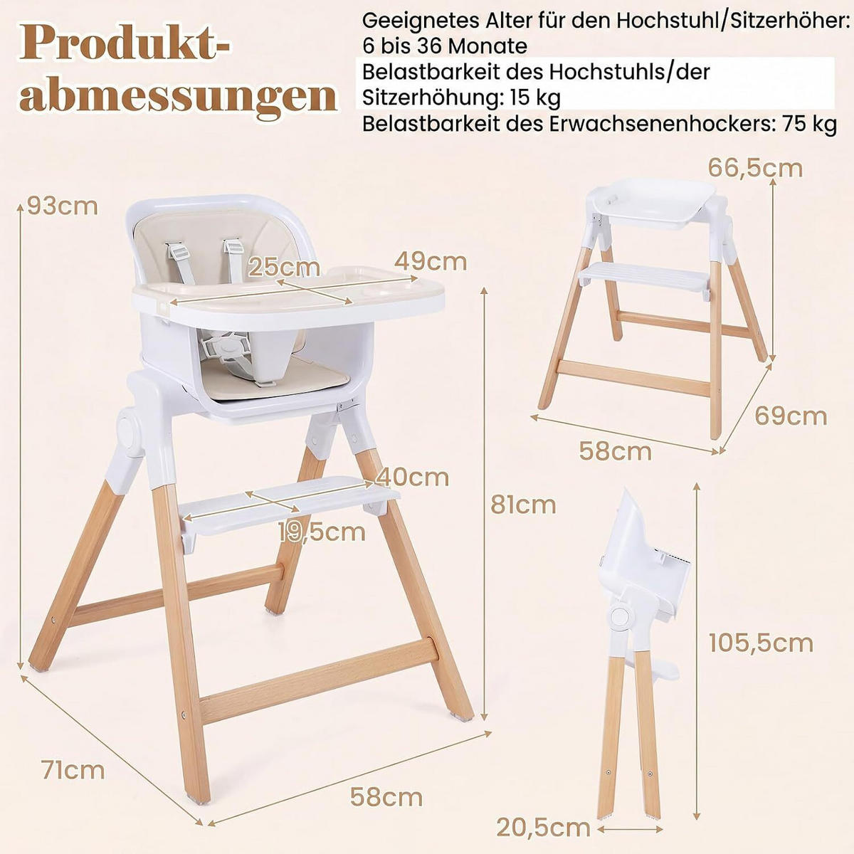 KINDERHOCHSTUHL mit Tablett beige - Beige, Holz (71/93/58cm) - COSTWAY