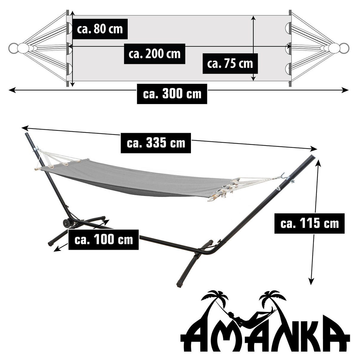 HÄNGEMATTE mit Gestell 335/100 cm, Grau/Schwarz - Schwarz, Metall (100/115/335cm) - Amanka