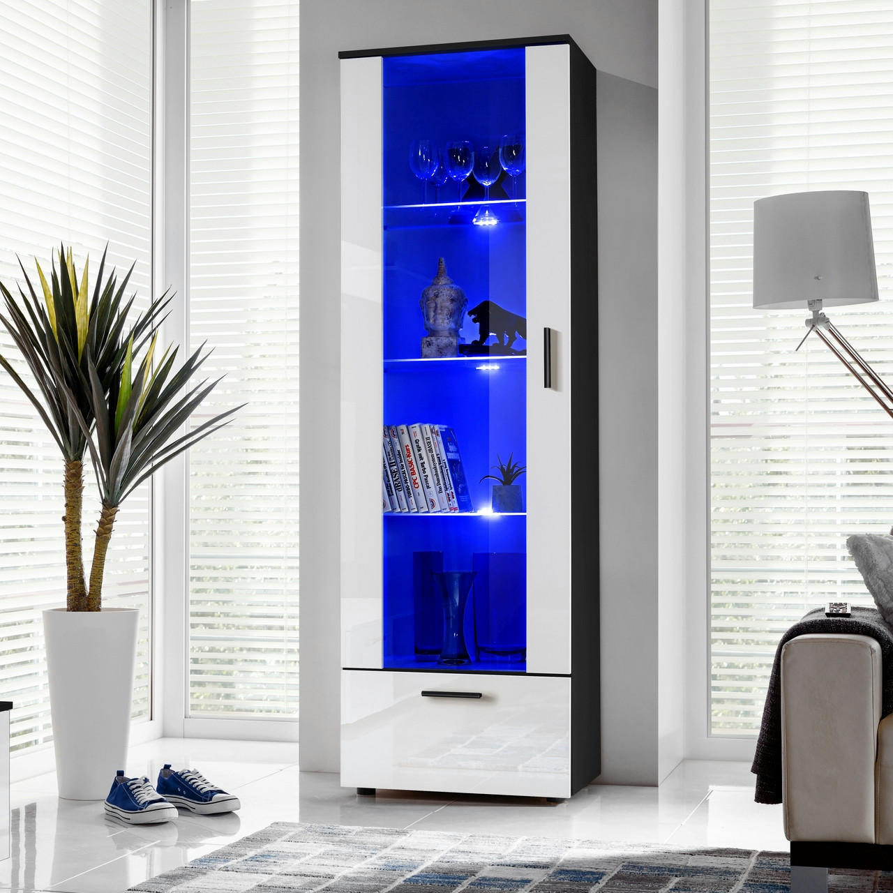 VITRINE ALESSANDRIA, Weiss, LED Blau - Schwarz/Weiß, Glas/Holzwerkstoff (60/192/42cm) - Komodee