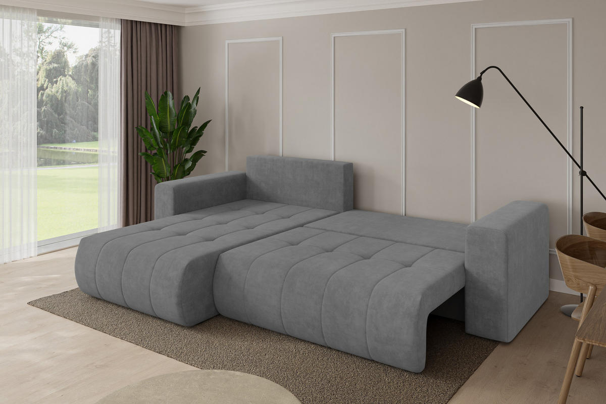 ROHOVÁ SEDAČKA s funkcí spaní, otoman vlevo MILA-L 277x194x86 šedá velur - černá/šedohnědá, kompozitní dřevo/textil (277/194cm) - ALTDECOR