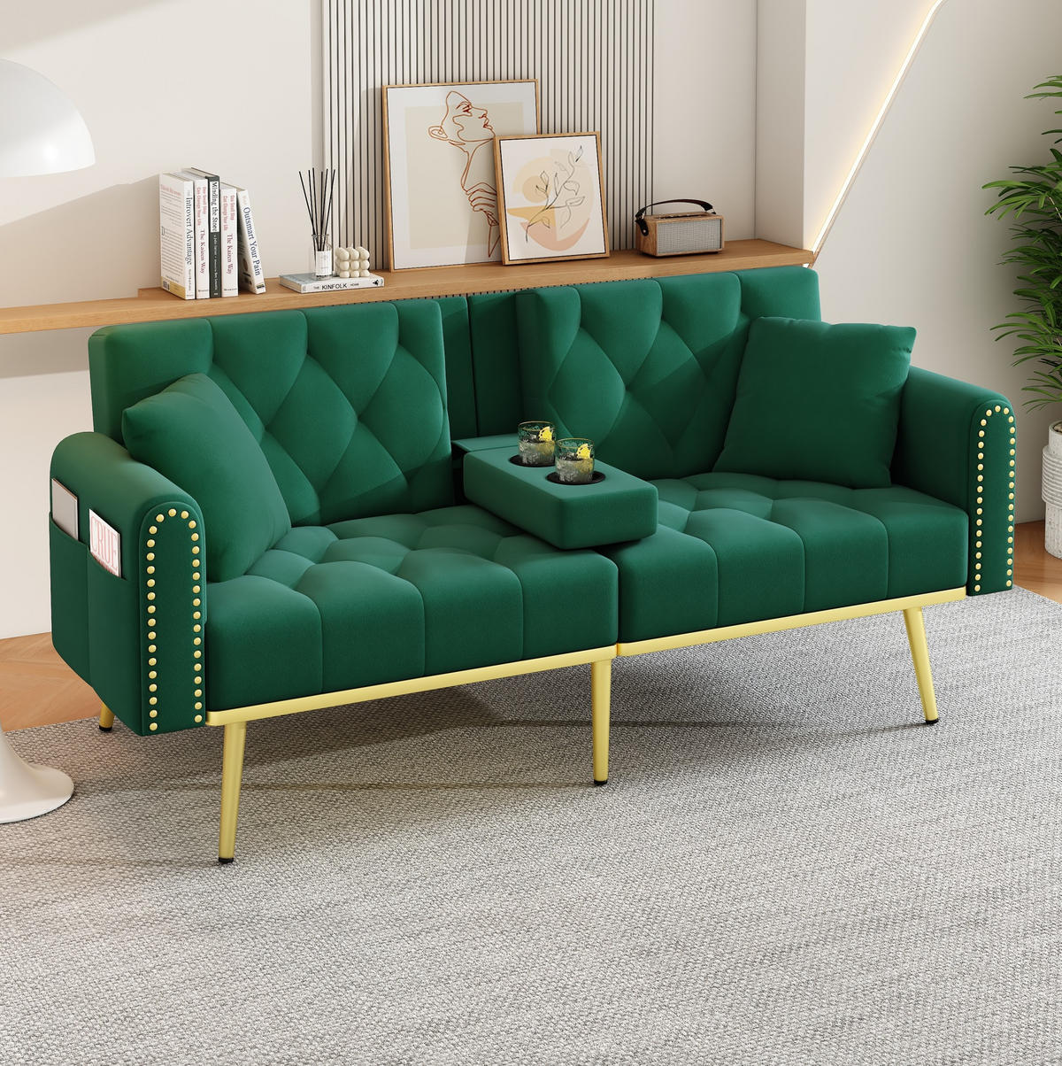 SCHLAFSOFA Samt mit verstellbarer Rückenlehne und Getränkehalter Grün 175/80/73,5 cm - Grün, Textil (73.5/175/80cm) - Redom