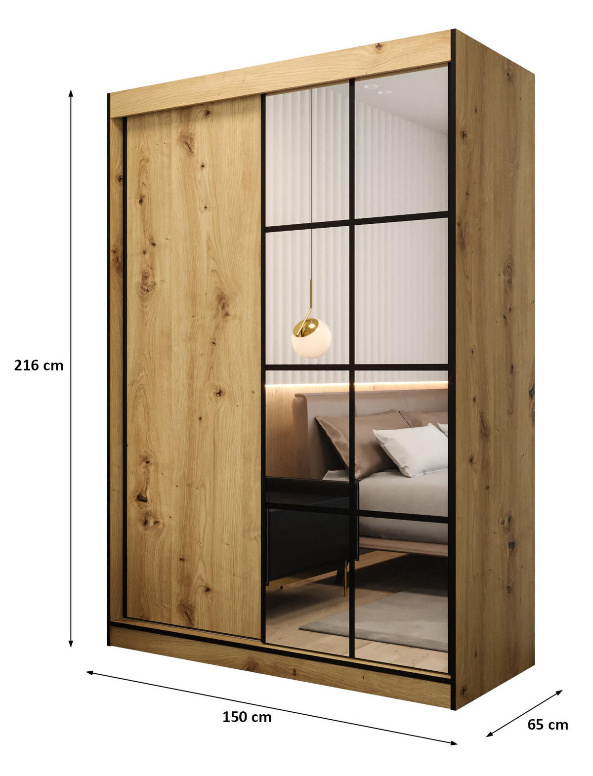 SCHIEBETÜRENSCHRANK MODENA 2 150, 2-türig Kleiderschrank mit 1 Spiegel, Moderne Garderobe, Schrank in Größe: 150 x 216 x 65 cm - Schwarz/Braun, Holzwerkstoff (150/216/65cm) - O-Sofa