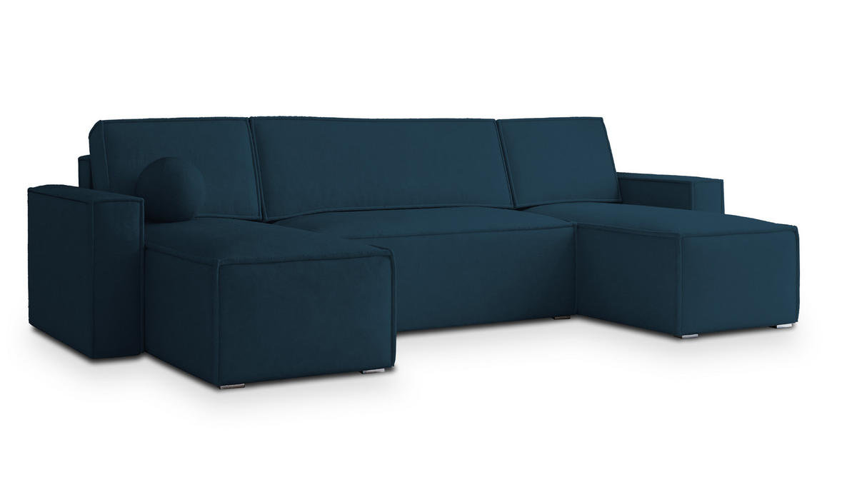 WOHNLANDSCHAFT PESANO M Blau Velours-Stoff mit Schlaffunktion - Blau, Holz (306/85/140cm) - MASSENO