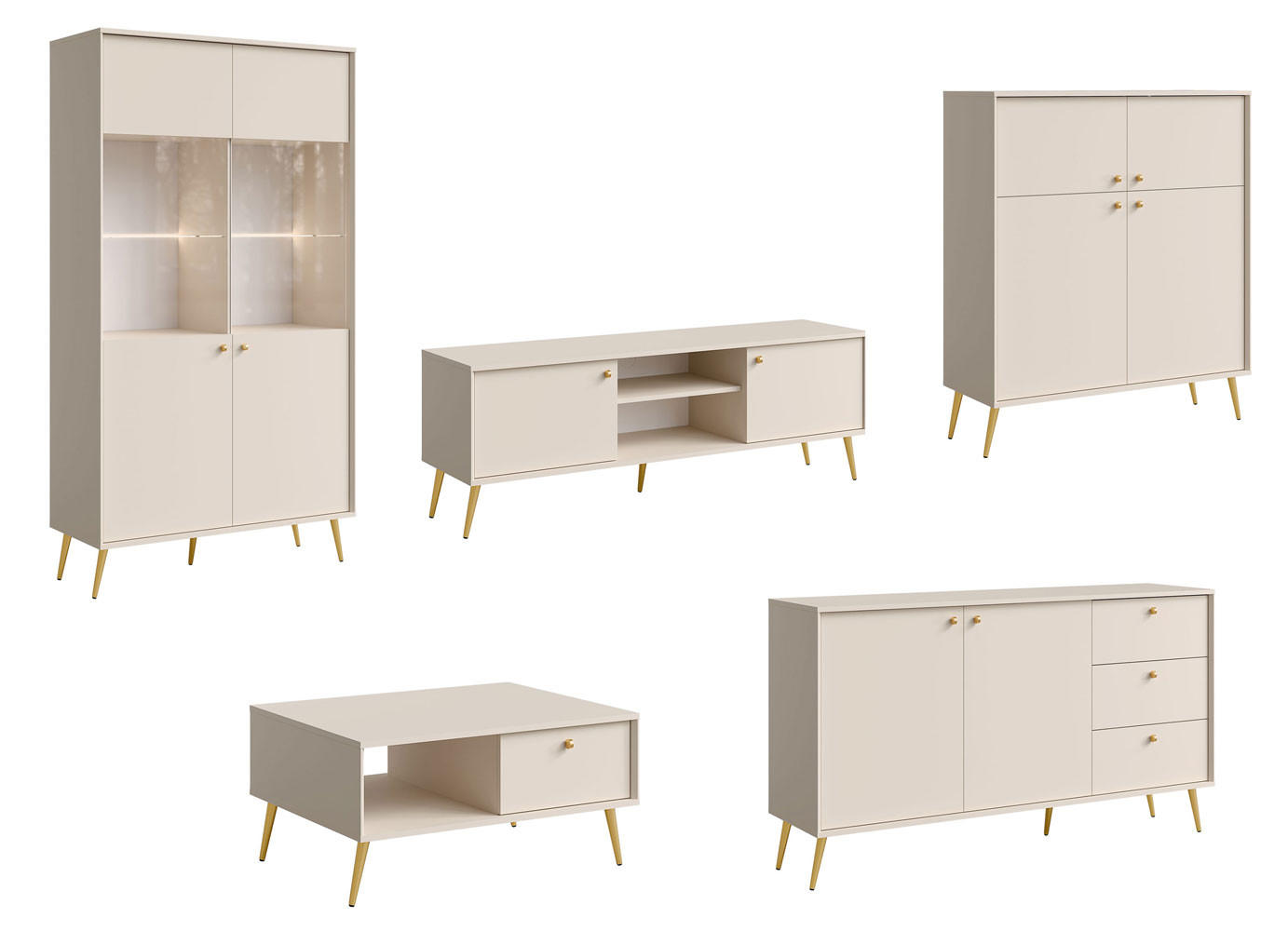 WOHNZIMMER SET 5-TEILIG Rose sandbeige 522,5 / 66 / 191cm - Beige/Goldfarben, Holzwerkstoff/Metall (523/191/66cm) - Feldmann-Wohnen