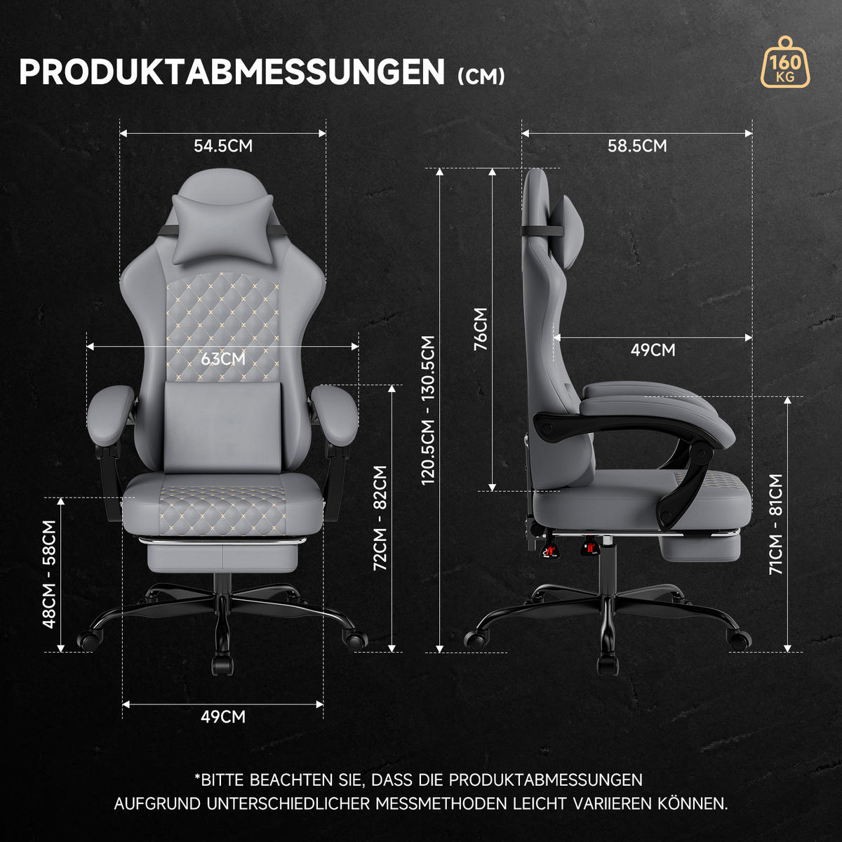 GAMING CHAIR Bürostuhl mit Massage Fußstütze ergonomisch Grau - Grau, Leder (63/120.5/58.5cm)