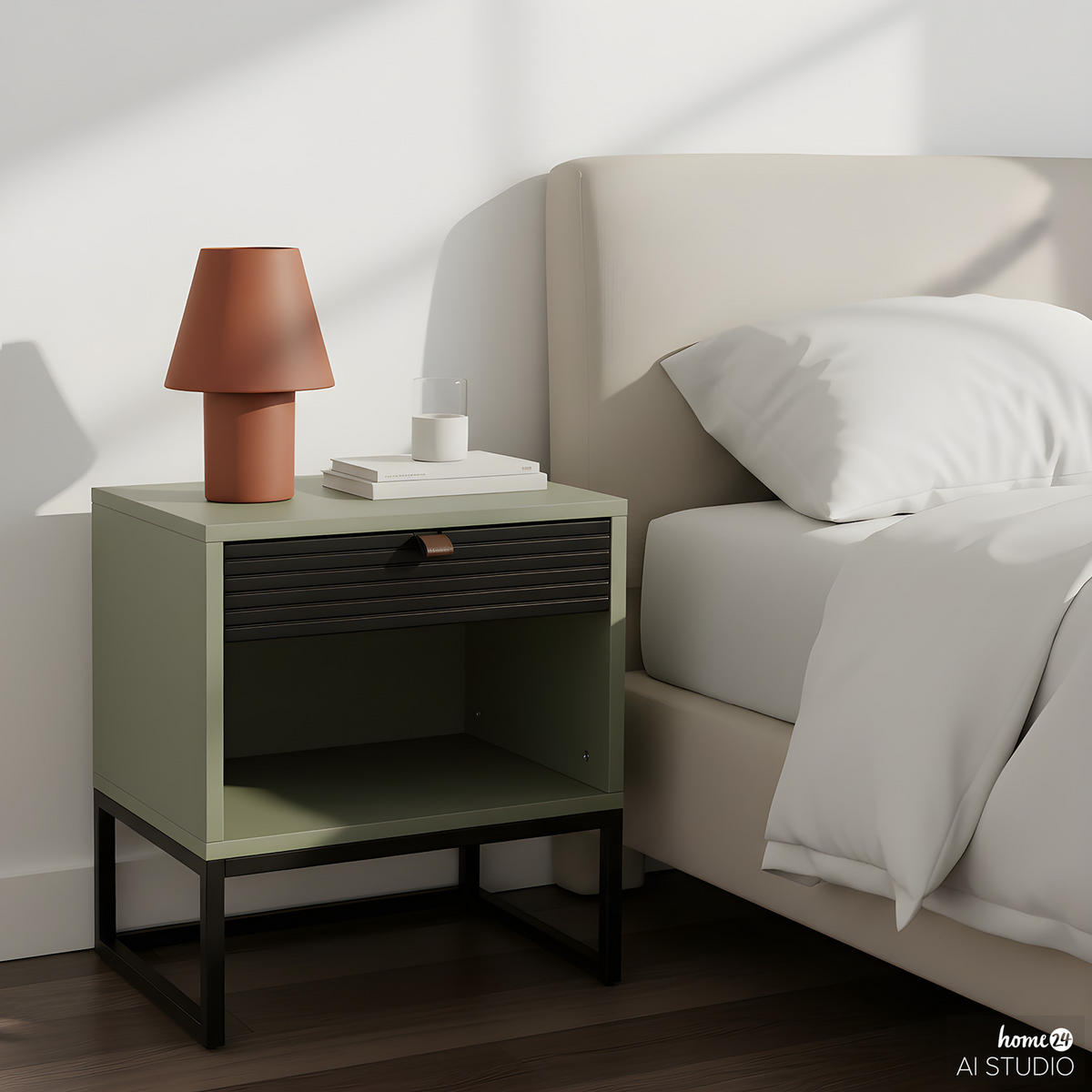 NACHTKOMMODE - Olivgrün, Holzwerkstoff/Kunststoff (45/55/40cm) - home24