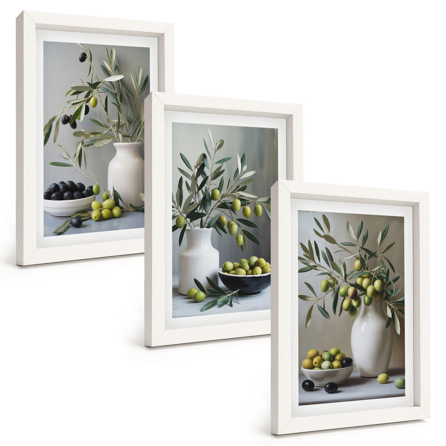 BILDER SET 3er Set - 20x30 cm Weißer Rahmen - Oliven in grauen Vasen - Weiß, Kunststoff (20/30cm) - TULUP