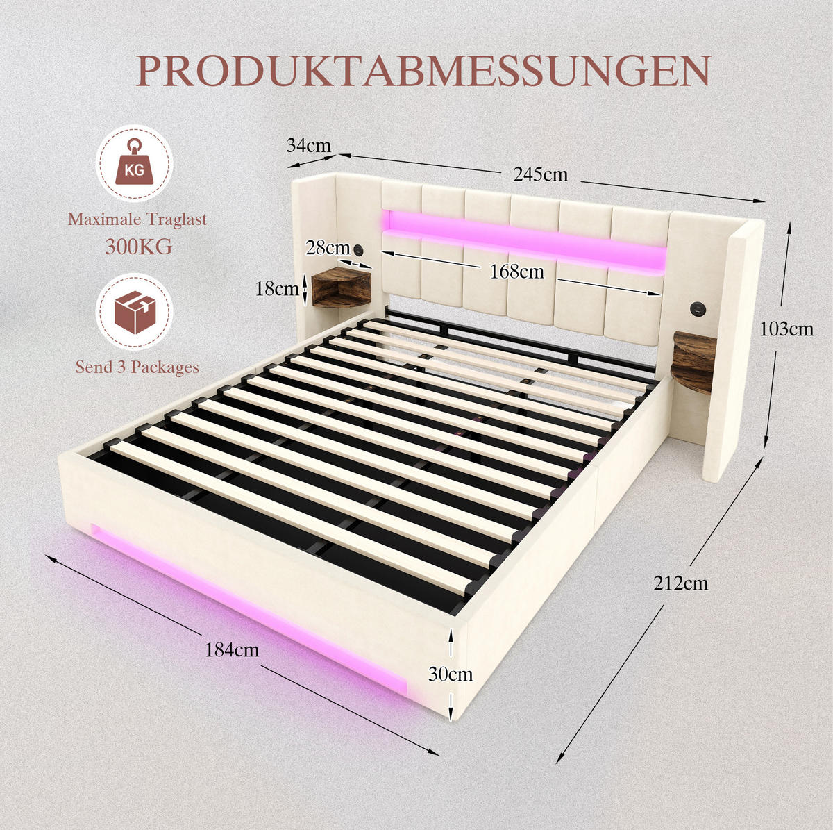 POLSTERBETT 180/200 cm mit USB-Anschlüssen, LED-Beleuchtung, Hydraulik-Stauraum und Retro-Schränken, Beige - Beige, Textil (180/200cm) - Redom