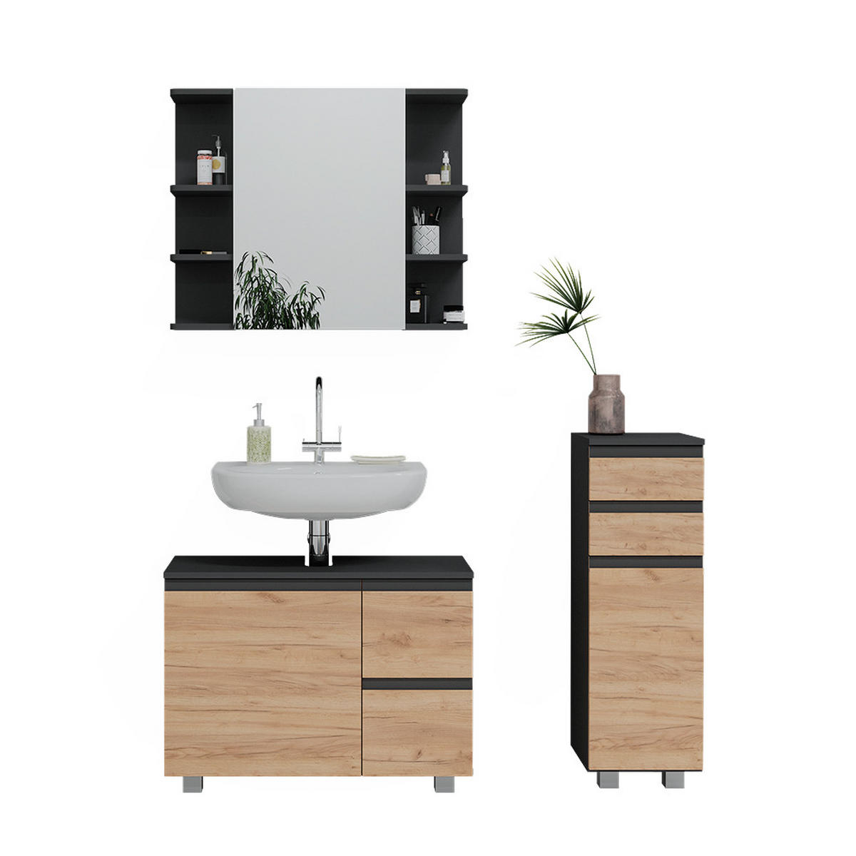 BADMÖBEL-SET J-Shape Grau 3 Teile - Eichefarben/Grau, Holzwerkstoff (80/60/33cm) - Vicco