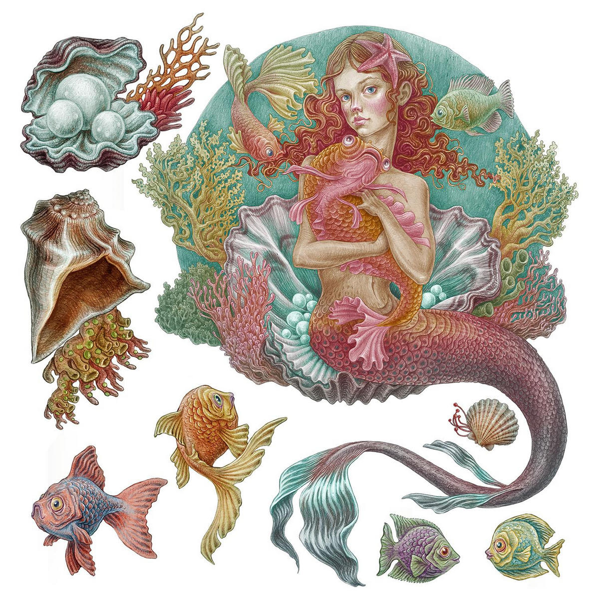 WANDAUFKLEBER 100x99cm - Meerjungfrauen-Zeichentrickwelt - Multicolor, Kunststoff (100/99/0.1cm) - Wallfluent