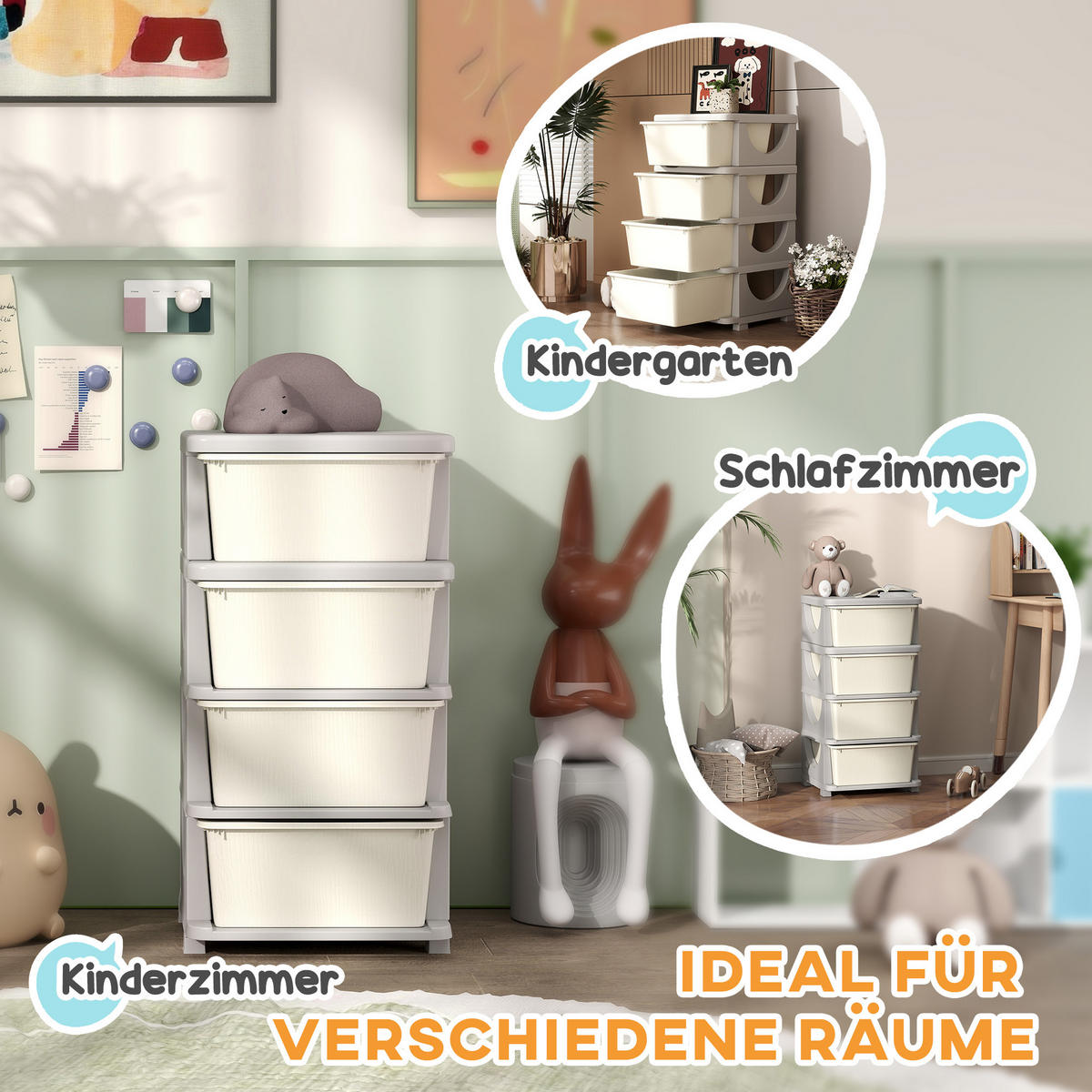 AUFBEWAHRUNGSBOXEN für Kinder, 4 große Schubladen, Kunststoff - Creme, Kunststoff (37/76/37cm) - HOMCOM