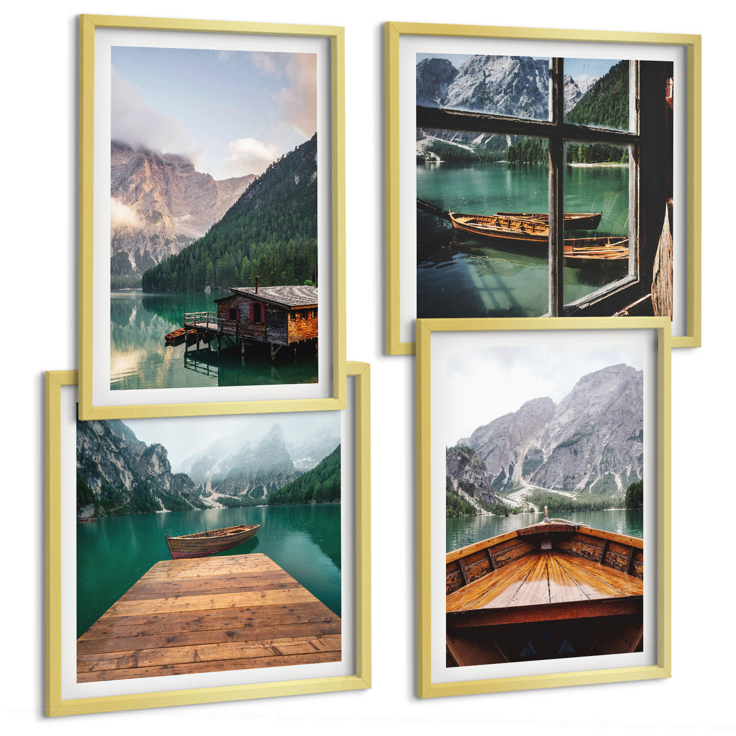 BILDER SET 4er Set - 50x50 cm & 40x60 cm Goldrahmen - Berglandschaften, Ferienhäuser, Boote - Goldfarben, Kunststoff (50/50cm) - TULUP