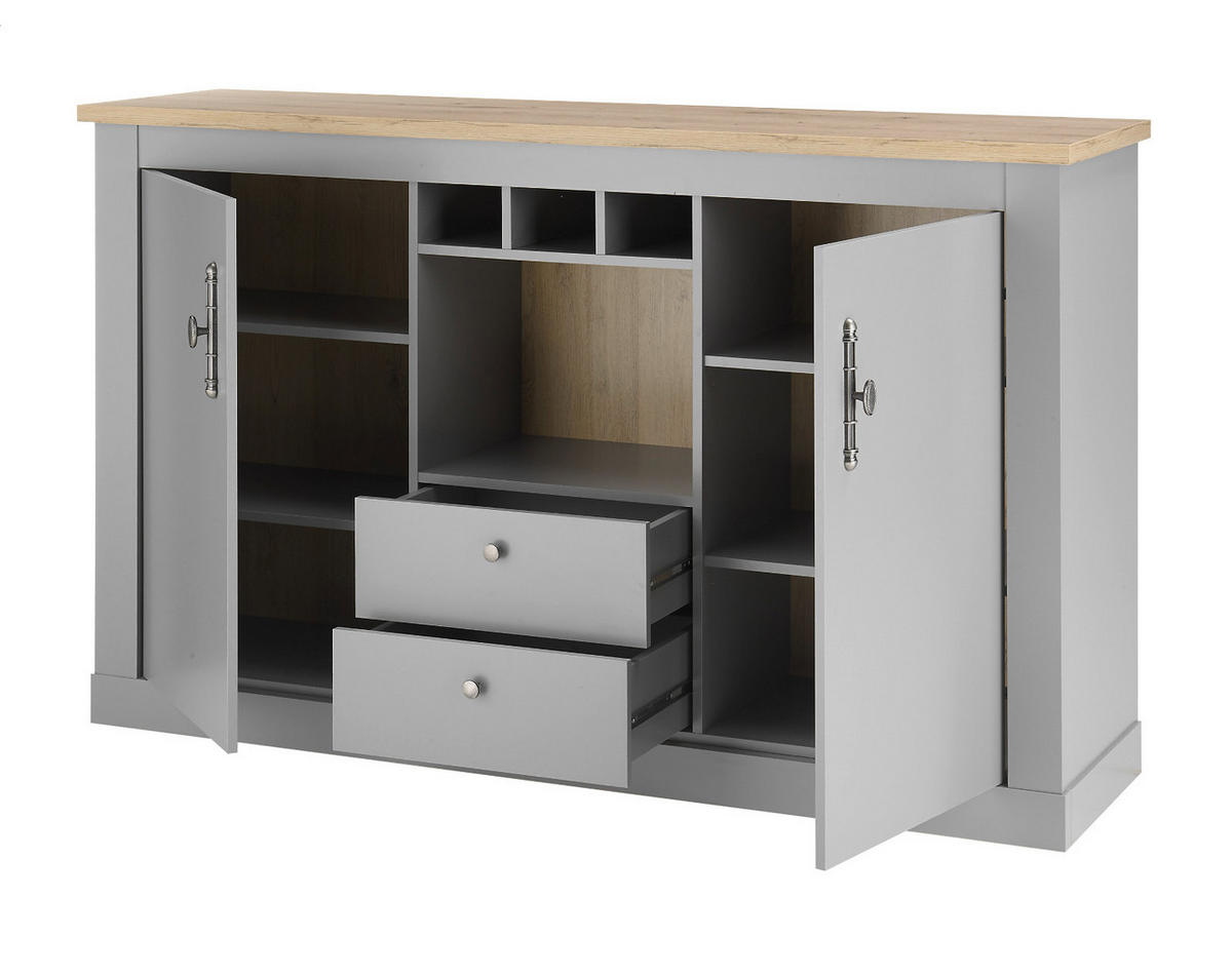WOHNWAND grau, Artisan Eiche Landhaus 4-teilig 328 cm, Wohnkombination mit viel Stauraum - Silberfarben/Hellgrau, Holzwerkstoff/Metall (328/201/44cm) - Furn.Design