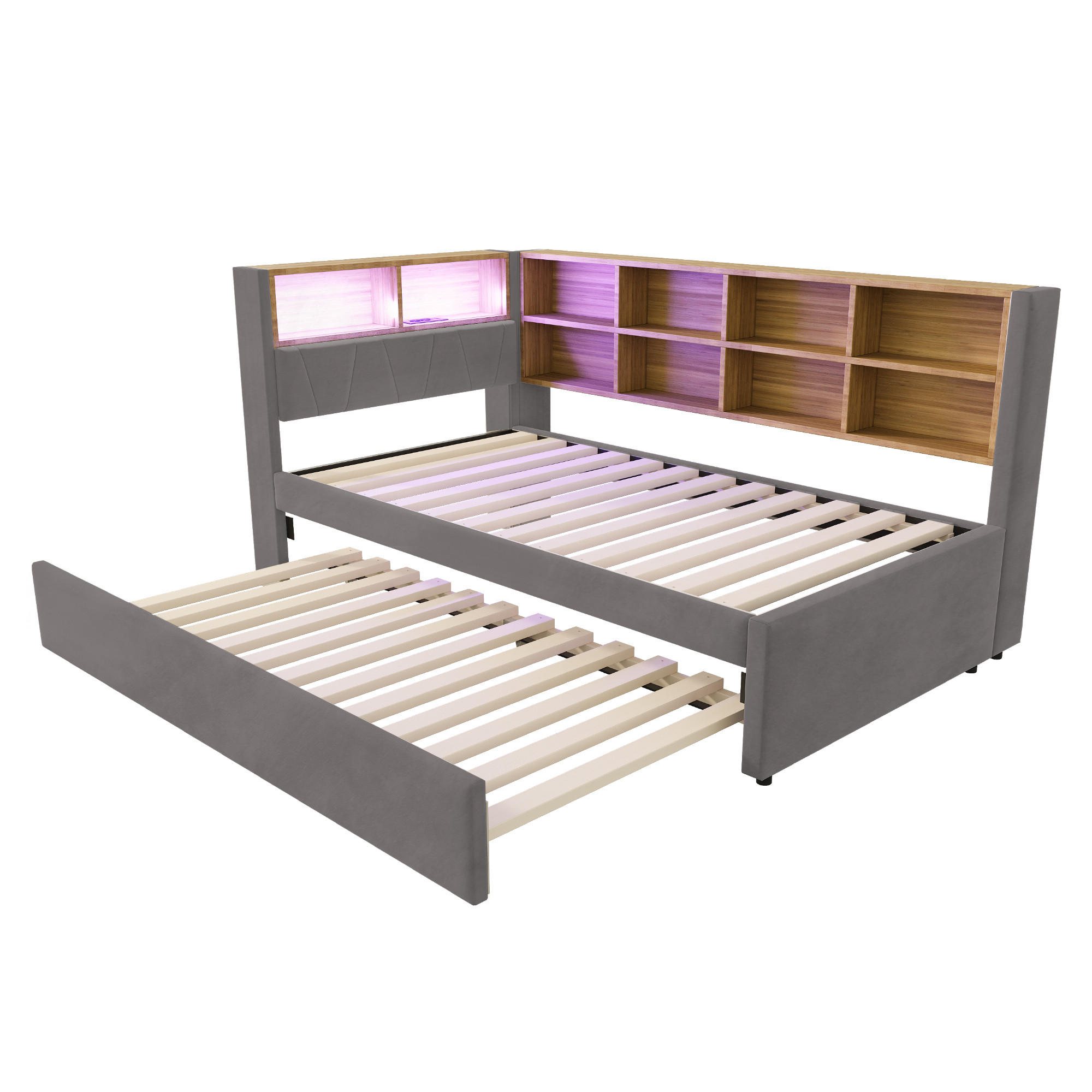 AUSZIEHBETT 90/200 cm DE-02095, in Dunkelgrau, mit LED, Steckdosen und Staufächern - Dunkelgrau, Metall (90/200cm) - ComfortXL
