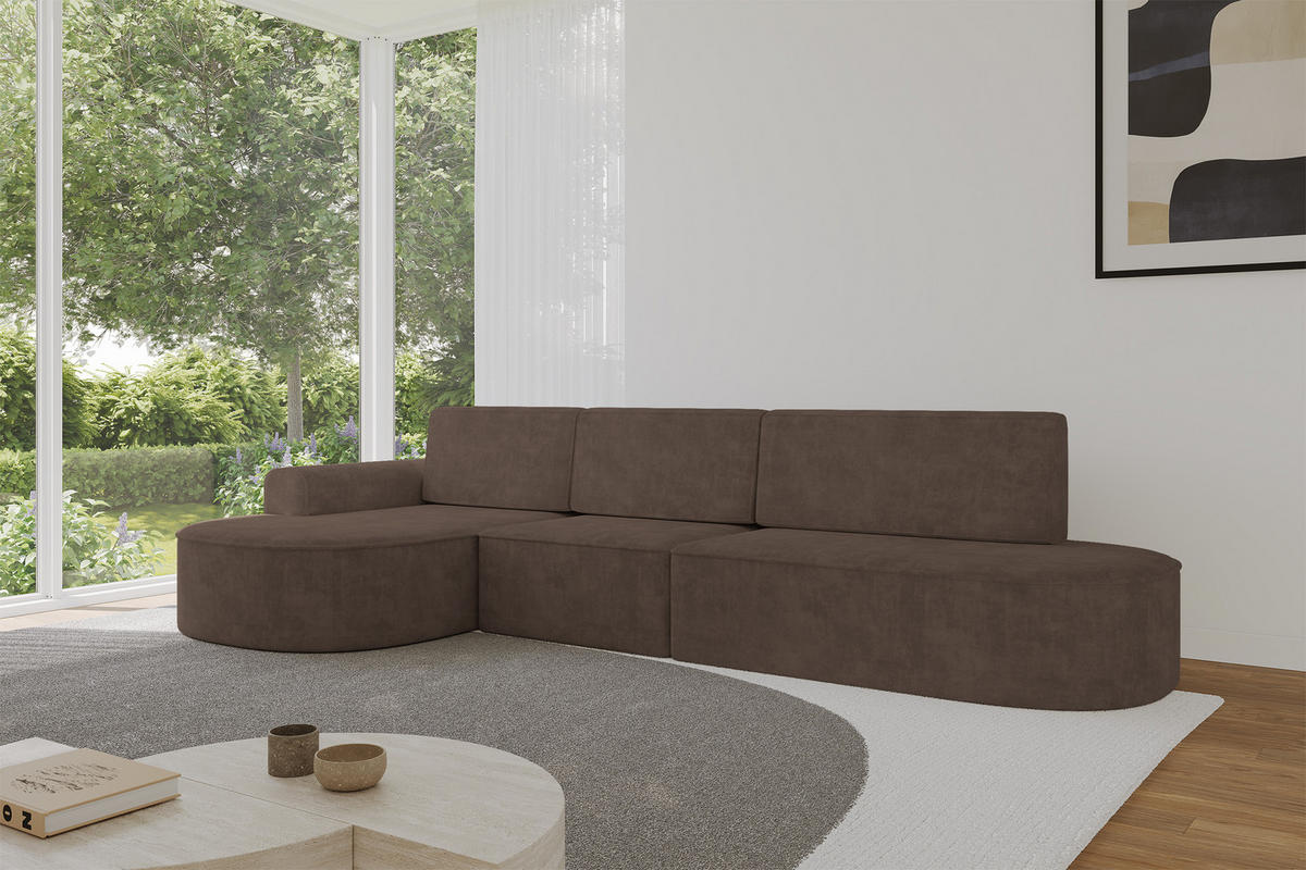 ECKSOFA mit Schlaffunktion Ottomane Links MARI L2-S 368X167X85 Braun Velours - Alteiche/Schwarz, Holzwerkstoff/Kunststoff (368/167cm) - ALTDECOR
