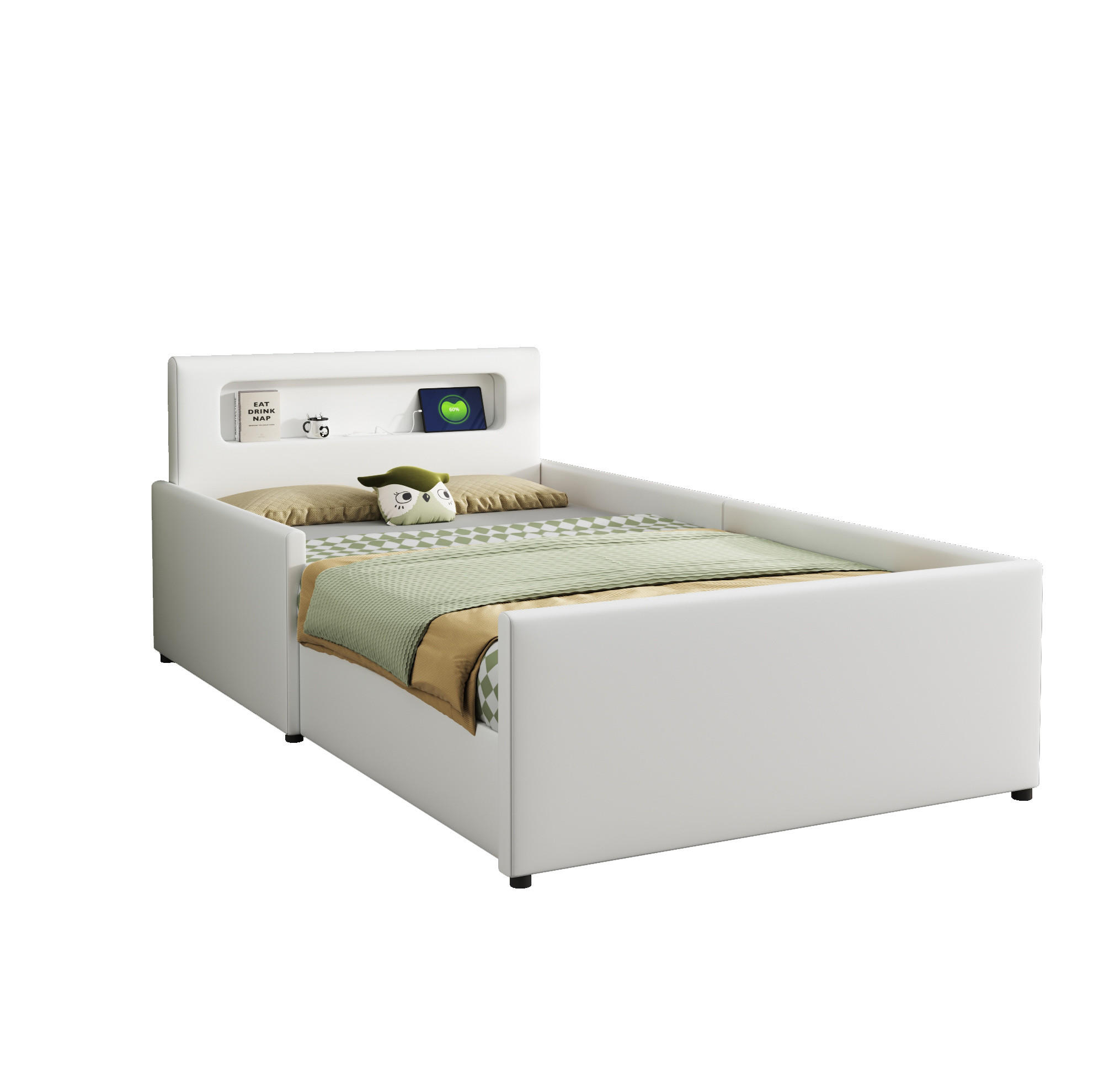 POLSTERBETT 90/200 cm Weiß mit LED-Beleuchtung, USB-Anschluss und Schublade - Weiß, Textil (90/200cm) - Flora Grace