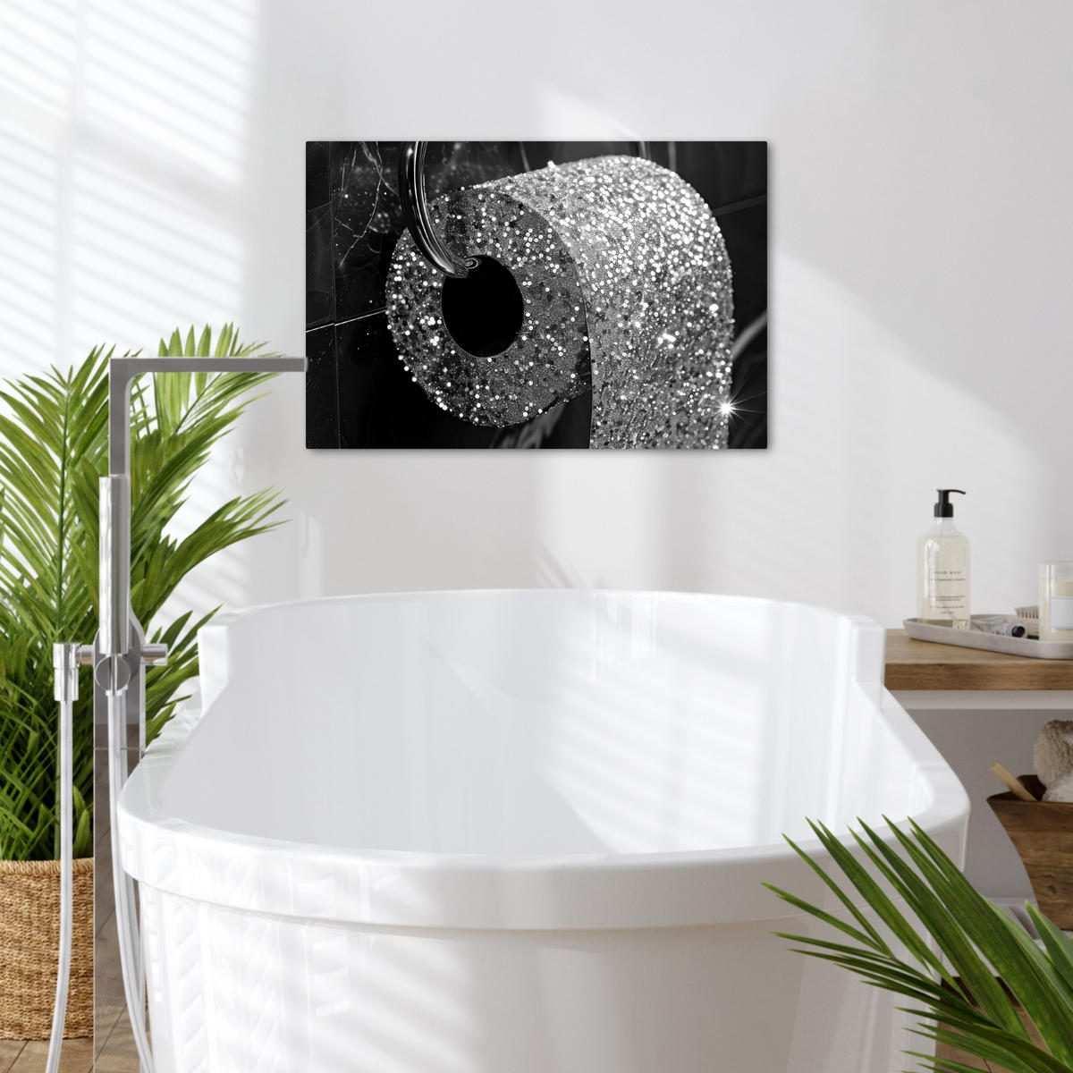LEINWANDBILD WC - Toilettenpapier - Schwarz und weiß - Glitter Gemälde 60x40 cm - Silberfarben, Textil (60/40cm) - MuchoWow