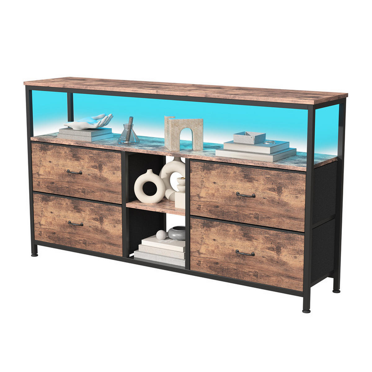 LOWBOARD, 108 x 30 x 76.8 cm, mit 4 Stoffschubladen und LED-Lichtern, Metallrahmen Vintage für Wohnzimmer - Eiche Artisan, Metall (29.8/76.8/108cm) - WoodenAura