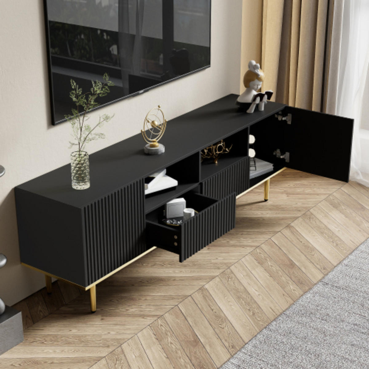 LOWBOARD Schwarz-gold aus Spanplatte mit streifendekorierten Push-Open Türen 165×36×55 cm - Schwarz, Holzwerkstoff (165/55/36cm) - Luhomfu