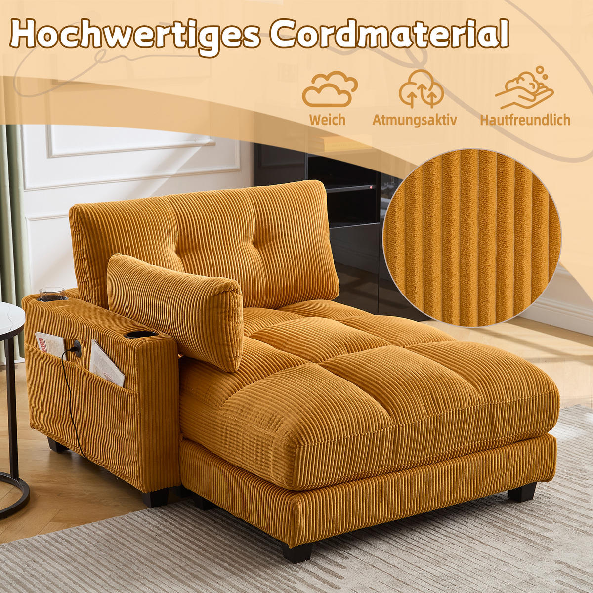 RÉCAMIERE Cord Senfgelb mit USB, Getränkehaltern und Seitentasche - Orange, Holzwerkstoff/Kunststoff (140/81/121cm) - WISHDOR